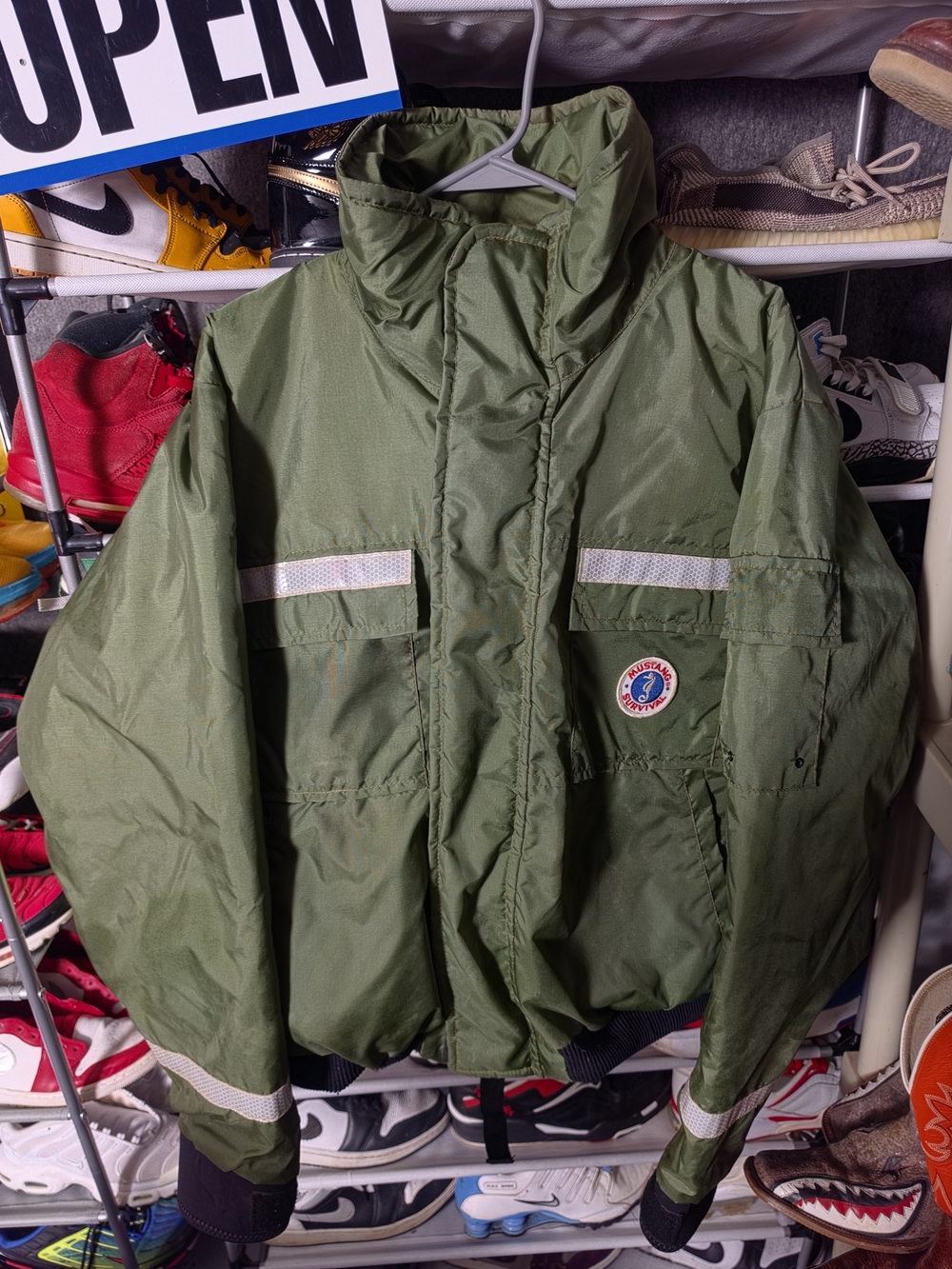 🔥 Men's XL Flotation Olive Green Military Field Jacket Reflective Trim Mustang